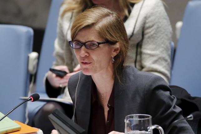 U.S. Ambassador to the United Nations and current Security Council President Samantha Power speaks to members of the Security Council about the maintenance of international peace and security on trafficking in persons in situations of conflict, during a meeting at the United Nations Headquarters in New York
